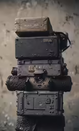 three stacked old camera boxes with some old leathers