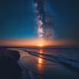 a star filled sky over the ocean next to the beach