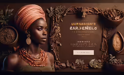 a woman with a pink turban and necklace on her neck, in front of some other african objects