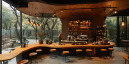 a fancy restaurant with a wood and glass bar