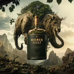 a monkey holding up a bottle of wine in the middle of mountains