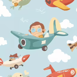 an illustration of a boy riding in a biplane