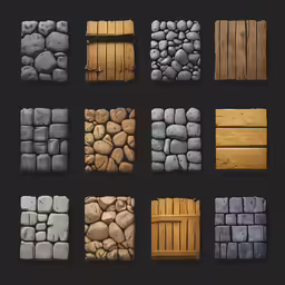 different rocks and wood in different squares