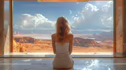 a woman sitting on the floor looking out a window,a woman sitting alone in front of a painting looking out onto the desert