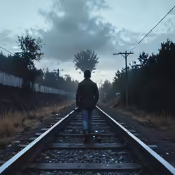 the man is walking along the train track