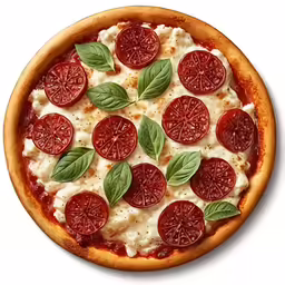 a pizza topped with tomatoes and basil leaves