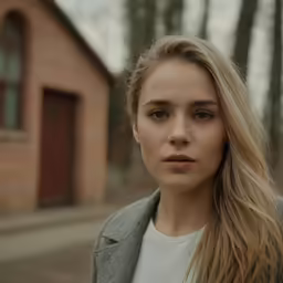 a woman with long blonde hair standing next to an old brick building