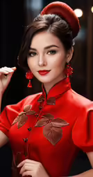 an asian woman in red wearing large earrings and a red shirt