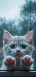 the kitten is looking through the window to see outside