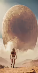 a woman walks across an arid desert under a giant round object