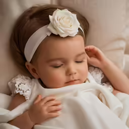 a baby is laying down with a flower on her hair