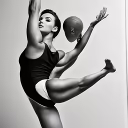 a young lady kicking up her foot with a basketball