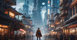 a person standing on a street with some type of city in the background