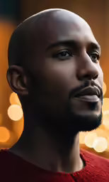 man with serious looking face with boke of lights in the background