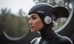 a girl wearing black and silver headphones and a black body suit