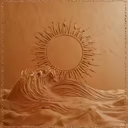 a painting of a sun above an ocean wave