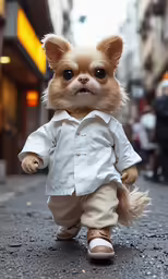 the small dog is dressed in white clothes