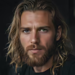a man with a very long beard looks at the camera