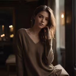a woman poses near a window while wearing a sweater