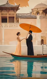 two people standing in a boat near a body of water