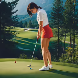 a woman playing golf with two balls in front of her
