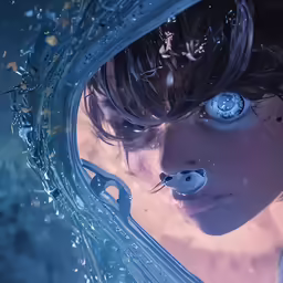 a close up of the face of a young woman with water around her