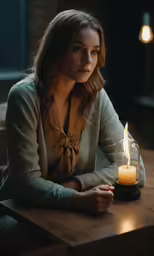 a woman is holding a candle in the dark