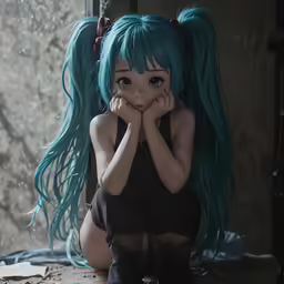 a doll sitting in front of a window wearing long green hair
