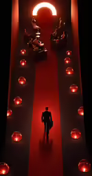 the silhouette of a person is walking down the red carpeted path