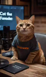 a cat sits on top of a computer desk and watches the computer