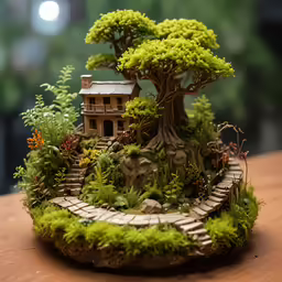 an arrangement of trees, rocks, and water in a miniature house