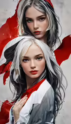 a couple of people with white hair and red scarfs