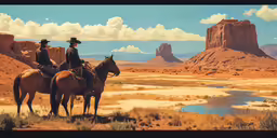two cowboys sitting on horses at the end of a desert
