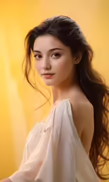a young woman in a white blouse poses for the camera