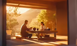 a man and woman sitting at a picnic table drinking coffee and talking