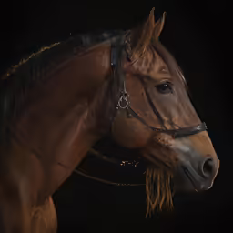 a brown horse with dark mane standing