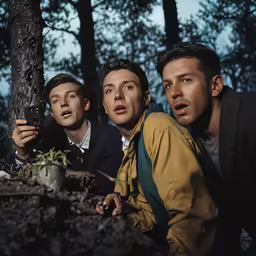 three men are posed in a forest holding a cell phone
