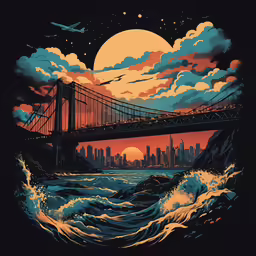 a painting of an overpass at sunset