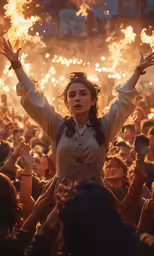 a woman in an over - sized crowd is surrounded by fireworks