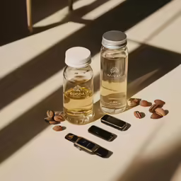 a bottle, cutter and clip on the table with nuts