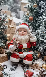 santa claus statue surrounded by trees and decorations