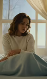 a young woman in white shirt sitting on bed