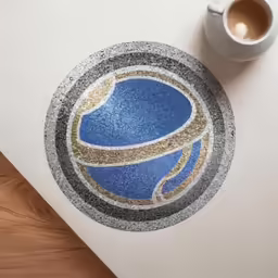 the golden and silver symbol on the side of a desk next to a cup
