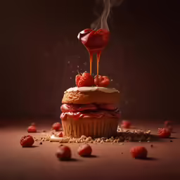 a cupcake covered in a liquid and some strawberries