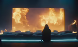 a woman in black clothes sitting at a large wall of fire