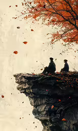 two birds sitting on top of a cliff with trees in the background