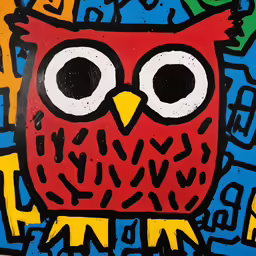 an owl standing with colorful writing and bright colors