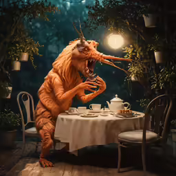 a large dragon eating food in front of two smaller ones