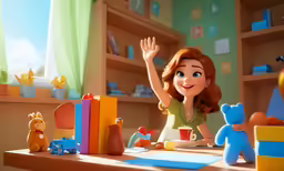 disney pixana in action in front of bookshelf and toys
