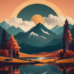 the mountain view with trees and water under the sun,an image of a painting with trees and mountains